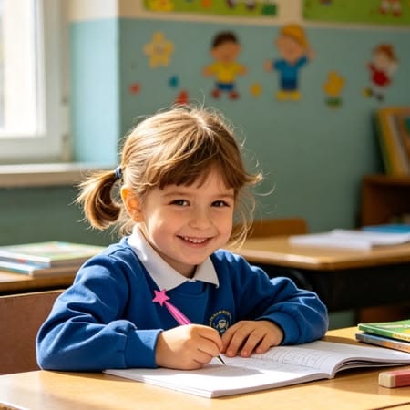 Fillette qui écrit avec un stylo étoile en classe